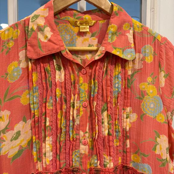 Cottagecore floral print button-down April Cornell dress, pink, size Medium - Picture 9 of 13